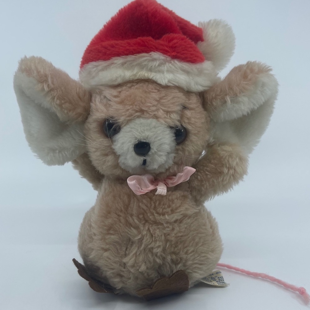 Vintage George Good Corp 1977 Christmas Mouse Plush Toy Red Santa Hat‎ Pink Bow
